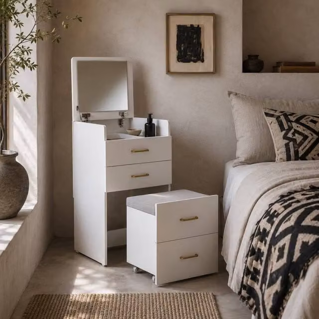 Wyld Haus Yova White Compact Dressing Table and Stool Set with Mirror and Storage, W/D/H: 90 x 40 x 48 cm – 1
