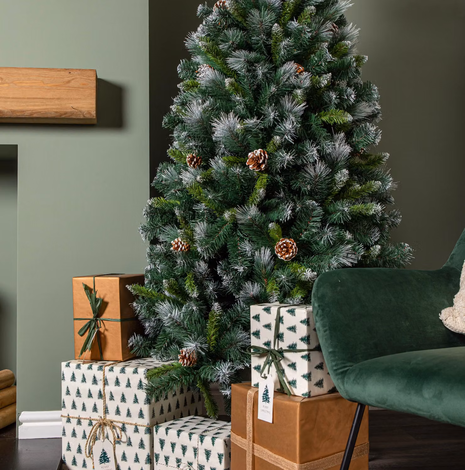 Samuel Alexander 1.8m Frosted Glacier Pine Snow Tipped Christmas Tree with Pinecones in Green – 2
