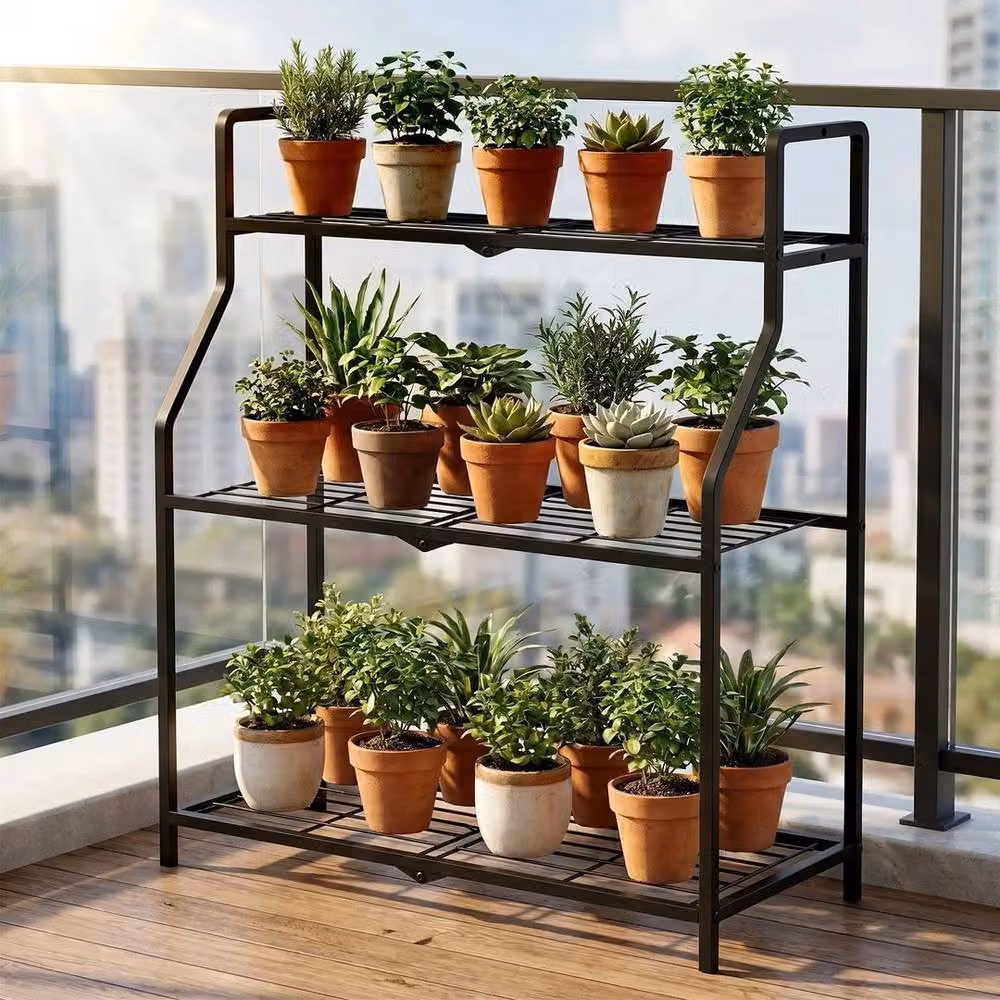 EONLION 3 Tier Metal Plant Stand in Matt Black for Indoor and Outdoor Use – 3