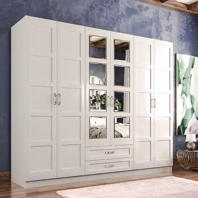 EVUHOME VISTA Modern White 6 Door 2 Drawer Mirrored Wardrobe H 210 x W 184 x D 52 cm