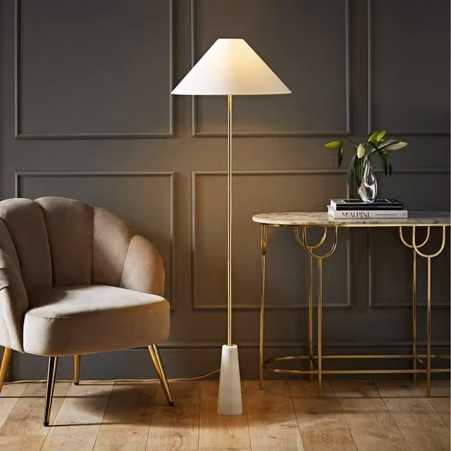 ValueLights Margot Marble Base Floor Lamp with White Tapered Fabric Lampshade
