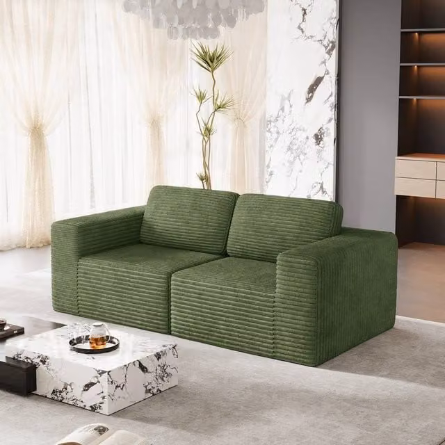 Dprodo Green Corduroy Modular L-Shape Sofa with Matching Ottoman and Removable Covers, W: 202 cm, D: 82 cm, H: 82 cm