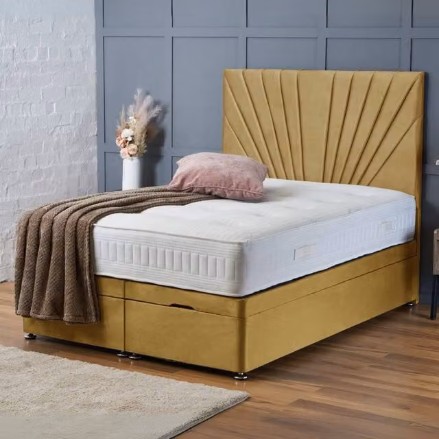 BSSPOKE Maria Ottoman Divan Bed with 54 inch Headboard and Mattress in Mustard Yellow Plush Velvet, W/D/H: 90 x 190 cm