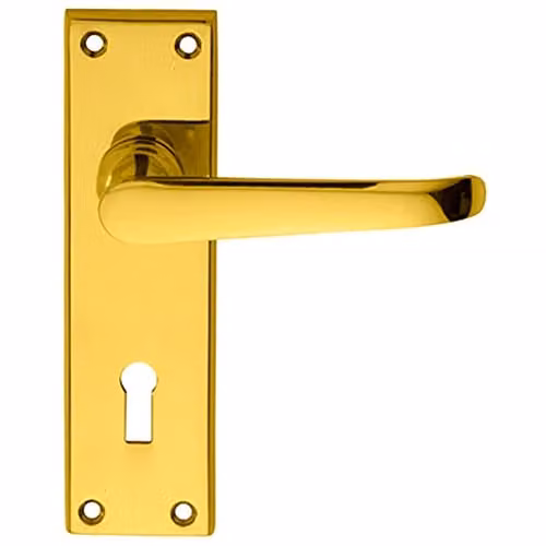 Loops Pair of Straight Victorian Lever Handles on Lock Backplate, Polished Brass, W: 150 mm, H: 42 mm