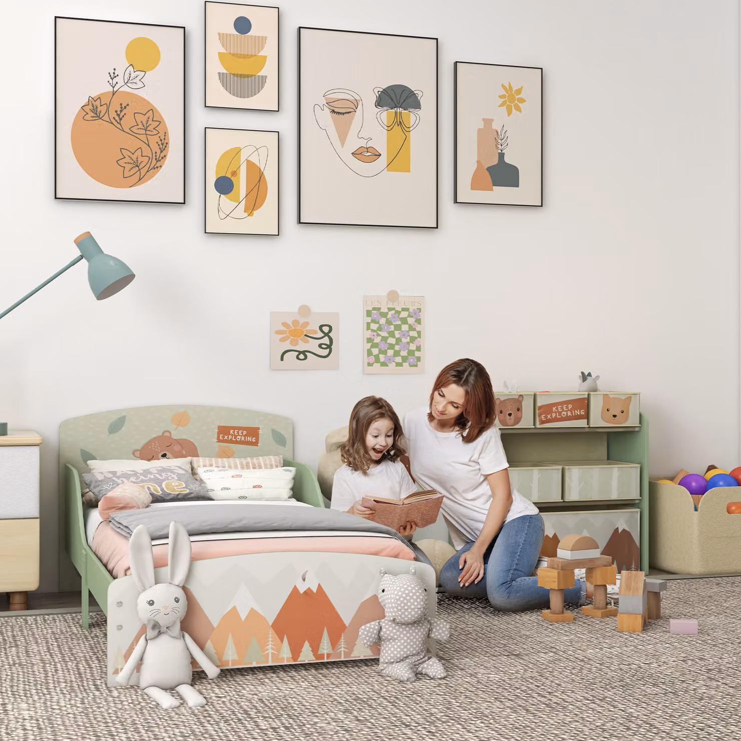 ZONEKIZ Toddler Bed Frame with Integrated Storage Shelf and 6 Fabric Bins, Green – 2
