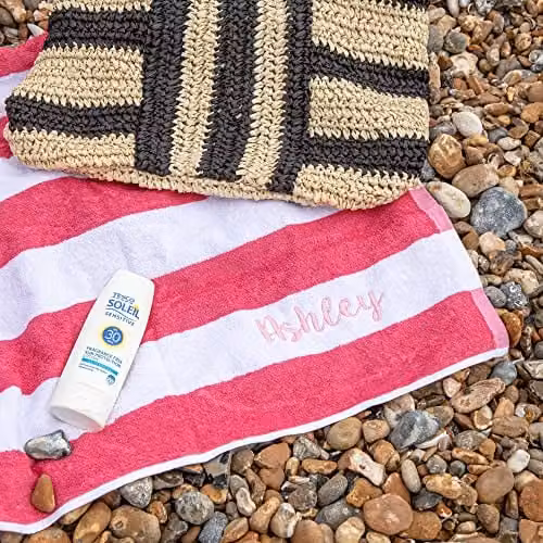Duncan Stewart Personalised Striped Cotton Terry Pool Towel in Pink, W: 75 cm, L: 140 cm