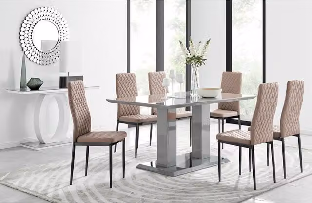 FurnitureboxUK Imperia Grey Rectangular Dining Table and 6 Milan Black Leg Beige Faux Leather Chairs – 1