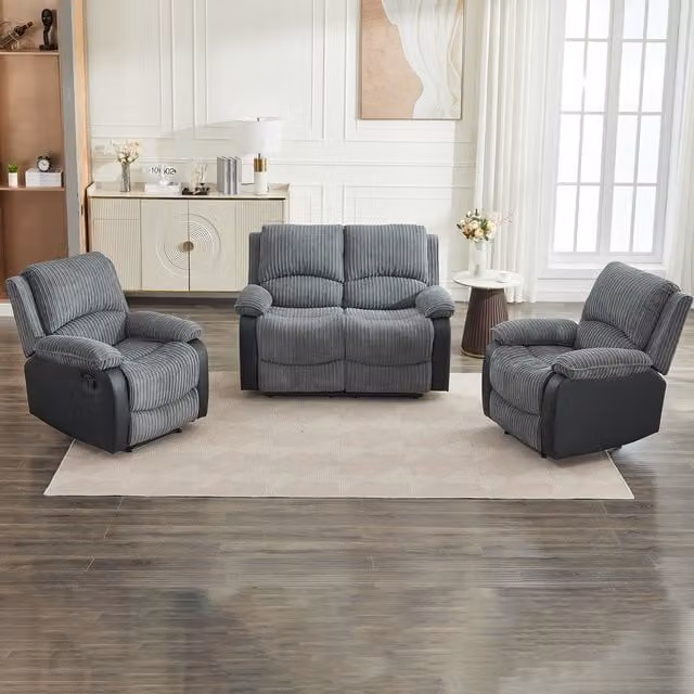 Furniture One 4-Seater Manual Reclining Sectional Sofa in Grey Corduroy