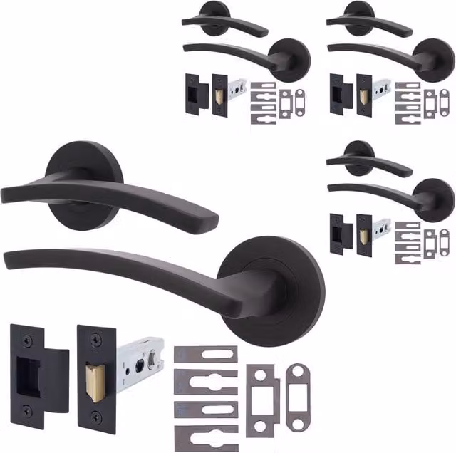 AFIT Matt Black Aluminium Fire Door Handle and Rosette Latch Set, 4 Pack – 1