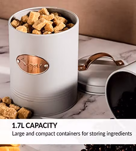 Novel Solutions Retro Round Tea, Sugar and Coffee Canister Set, 3 Piece Grey Metal Airtight Food Storage Tins – 3