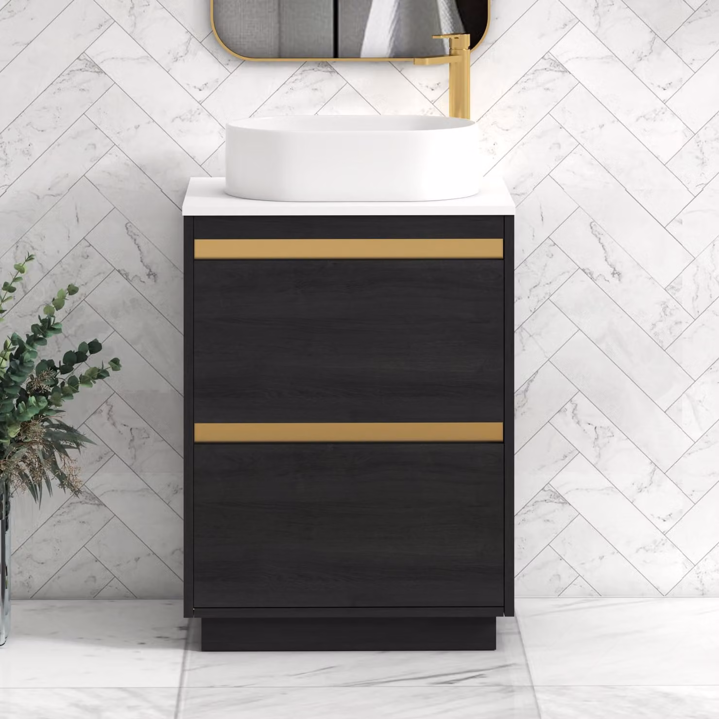 Royal Bathrooms Orion 600mm Hale Black and White Floor Standing Vanity Unit with 2 Drawers and Peak Basin