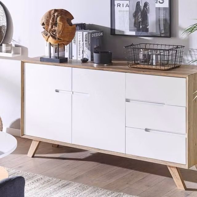 Wyld and Coco Nordic Sideboard in White and Light Brown with 3 Drawers and 2 Cabinets, W/D/H: 140 x 40 x 75 cm