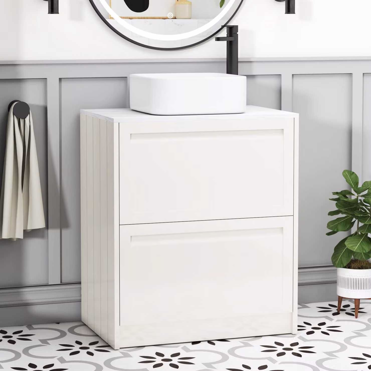 Royal Bathrooms Elmore Classic White Floor Standing Countertop Vanity Unit with 2 Drawers and Elena Basin, Width: 70 cm