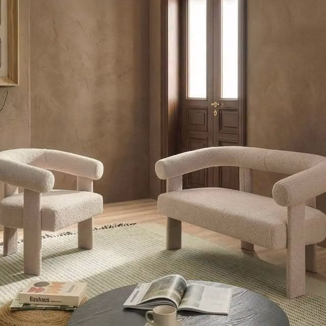 Wyld and Coco Beige Boucle Sofa Set with 2-Seater and Armchair in Retro Design