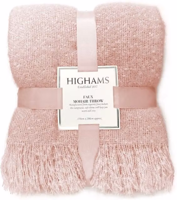 Highams Luxury Faux Mohair Pink Throw Blanket with Fringes