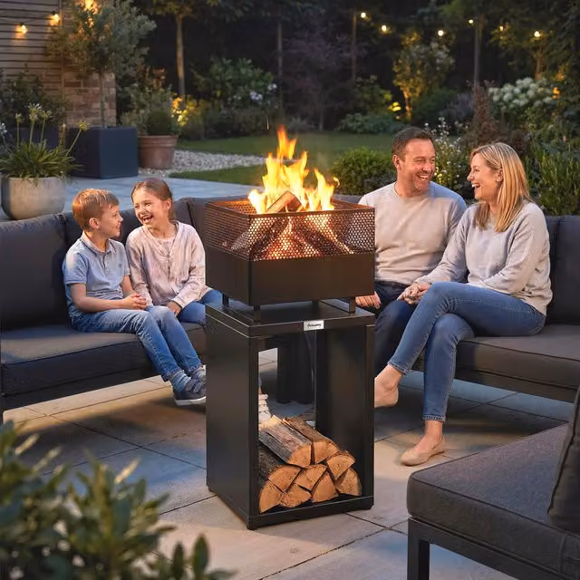 Outsunny Black Metal Outdoor Fire Pit with Wood Storage and Fire Bowl