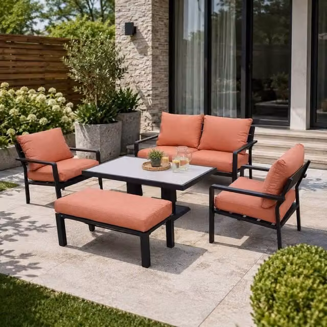 Shatchi 4 Seater Aluminium Garden Sofa Set with Gas Lift Table and Terracotta Cushions