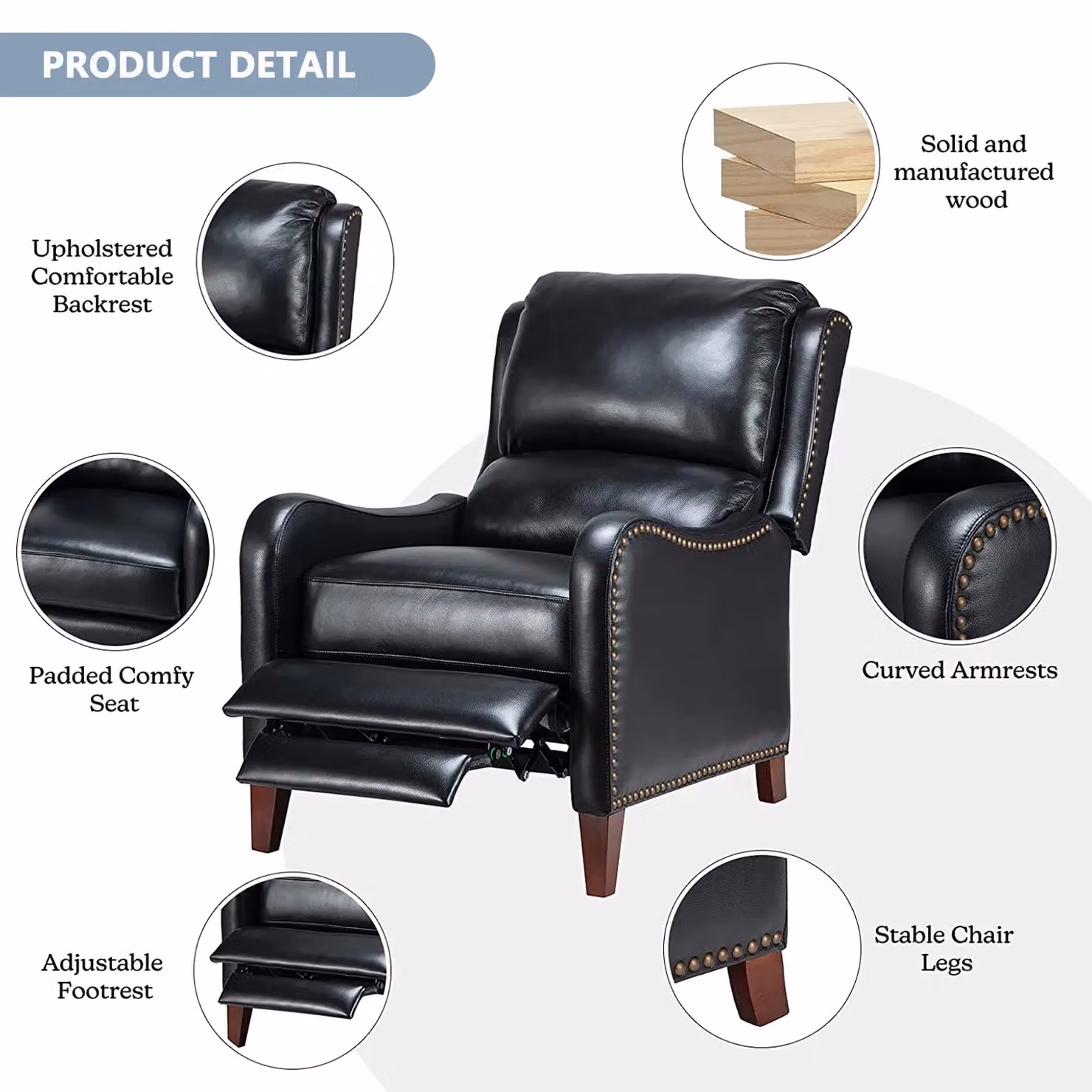 FURNITURE ONE Black PU Leather Push Back Recliner Armchair with Solid Wood Frame – 3
