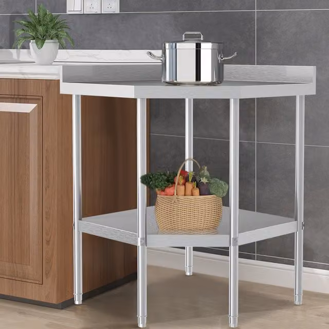 Livingandhome Silver Metal Kitchen Corner Unit Work Table with Backsplash