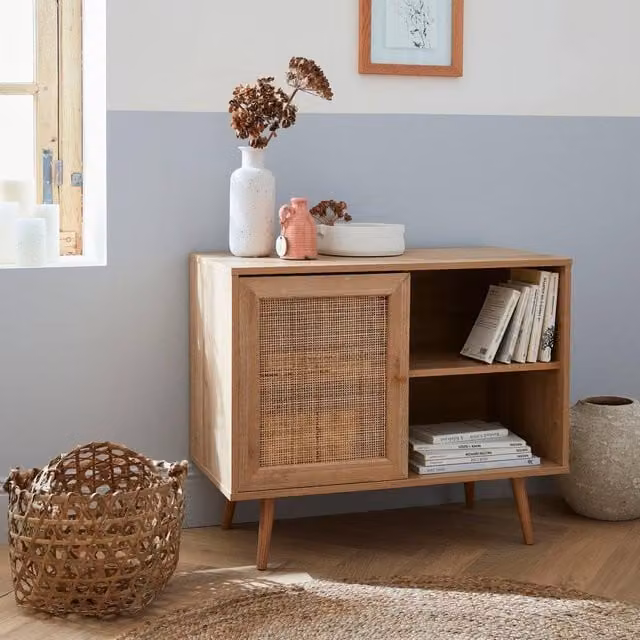 sweeek Scandi-style Storage Cabinet with Wood and Cane Rattan in Light Brown, Width: 80 cm – 1