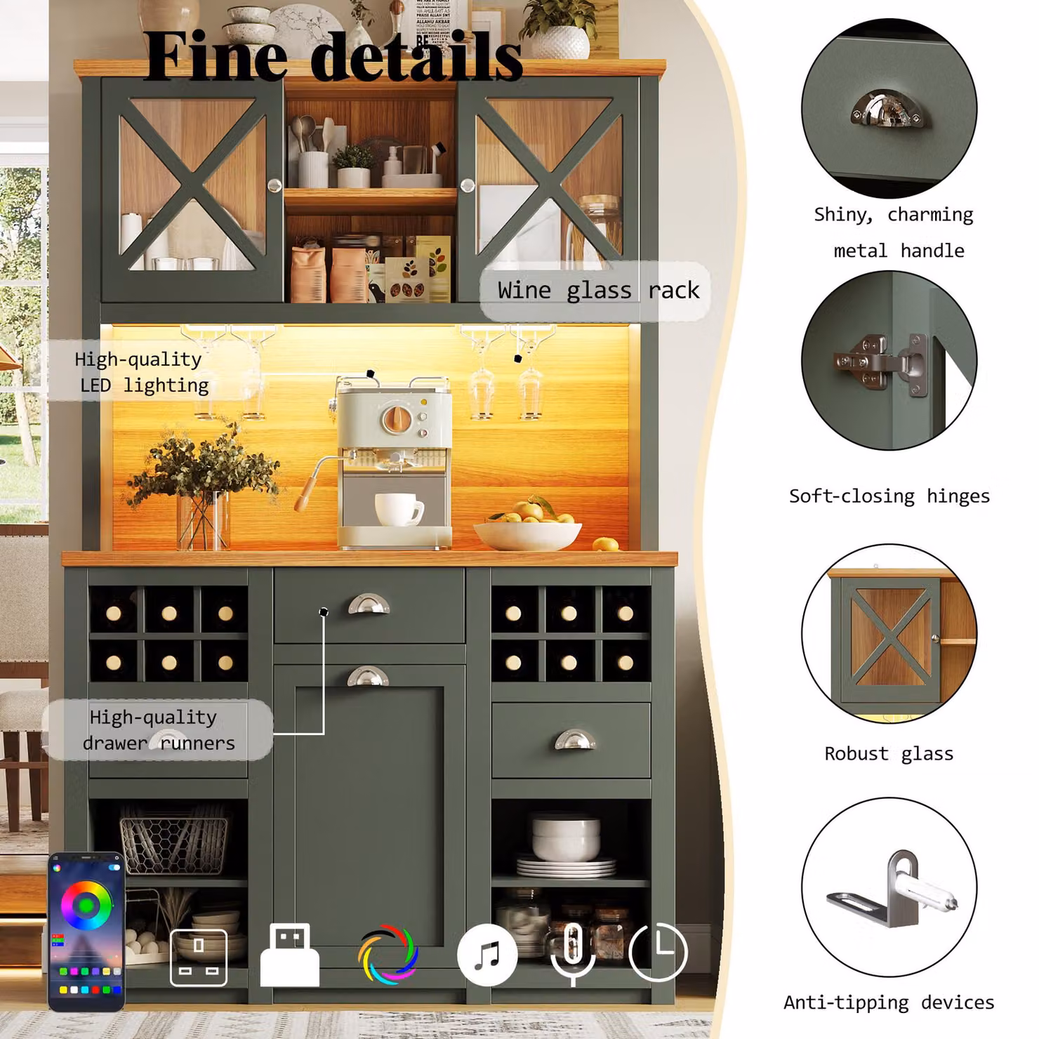 Aosom UK Tall Kitchen Cabinet with Glass Doors and LED Lighting in Antique Green, W/D/H: 45 x 45 x 188 cm – 5