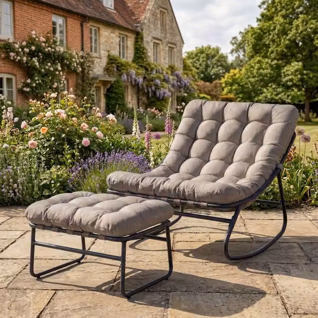 Rosewood & Stone Home Sheesham Wood Rocking Chair and Stool Set in Light Brown and Grey – 1
