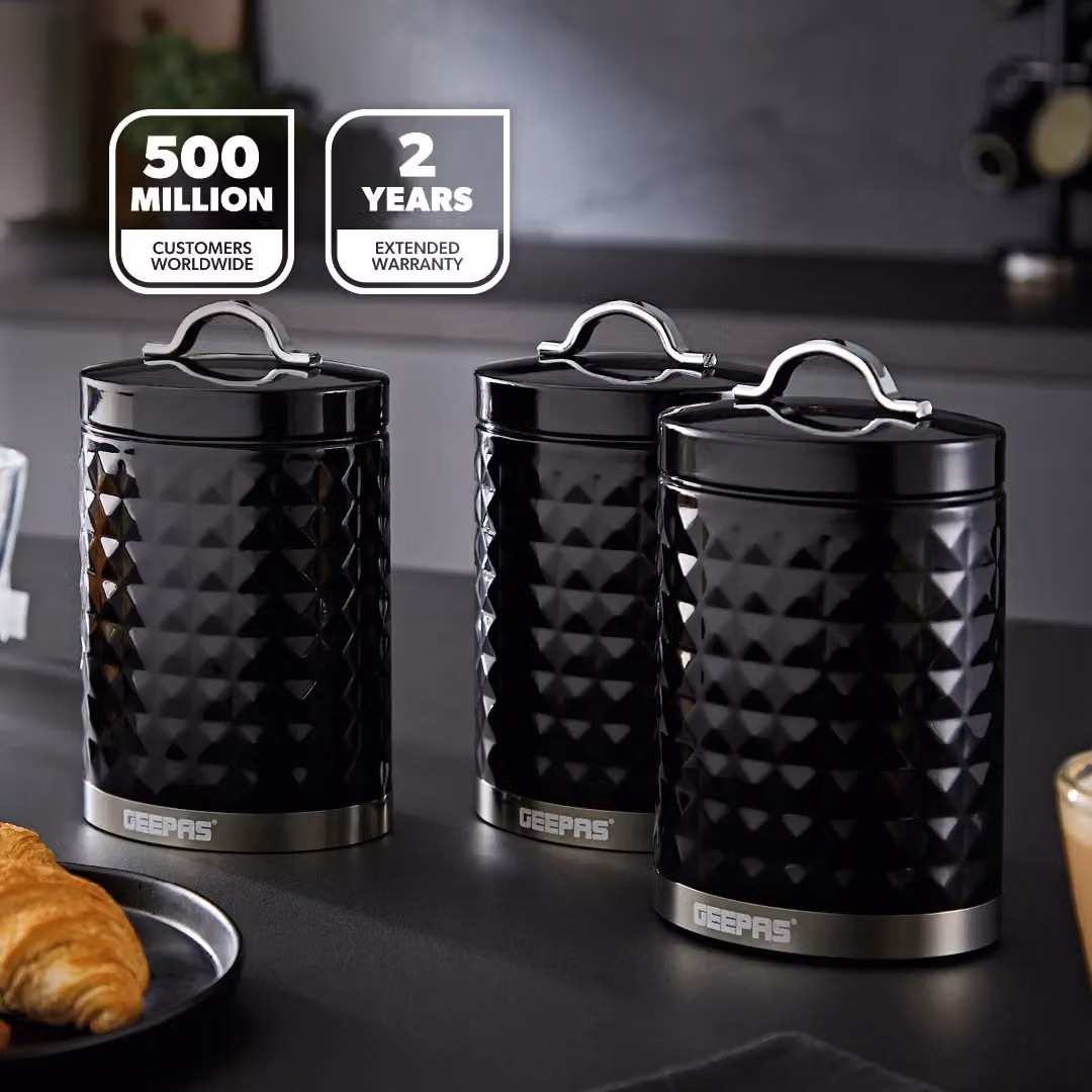 Geepas Argyle 3-Piece Airtight Tea Coffee Sugar Canister Set, Black, 1.3 l – 2