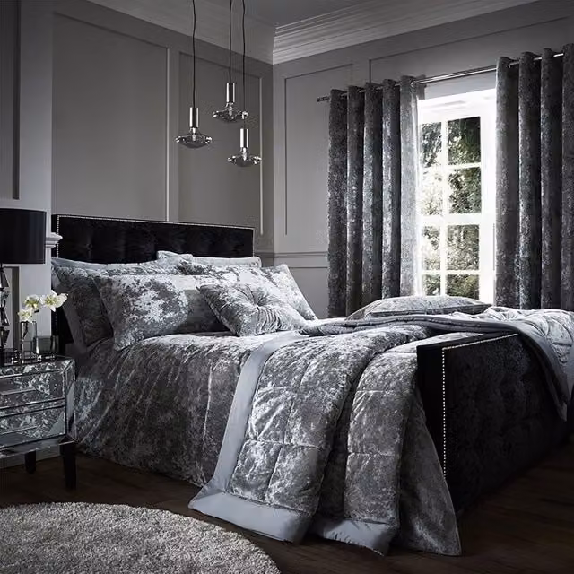 Catherine Lansfield Silver Crushed Velvet Cotton Duvet Cover Bedding Set