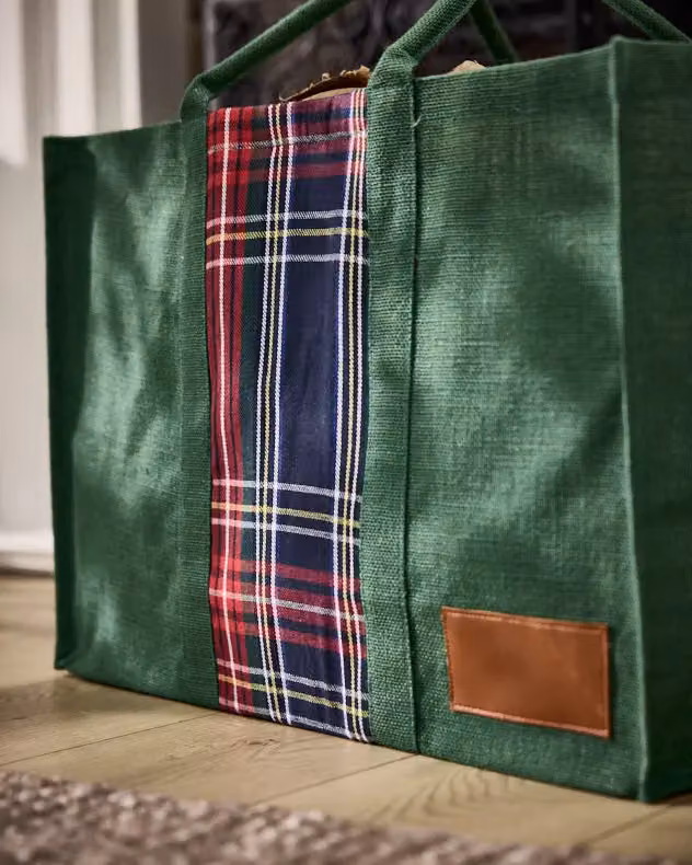 Dibor Traditional Tartan Plaid Jute Firewood Log Storage Bag in Garden Green, H: 40 cm, W: 60 cm – 2