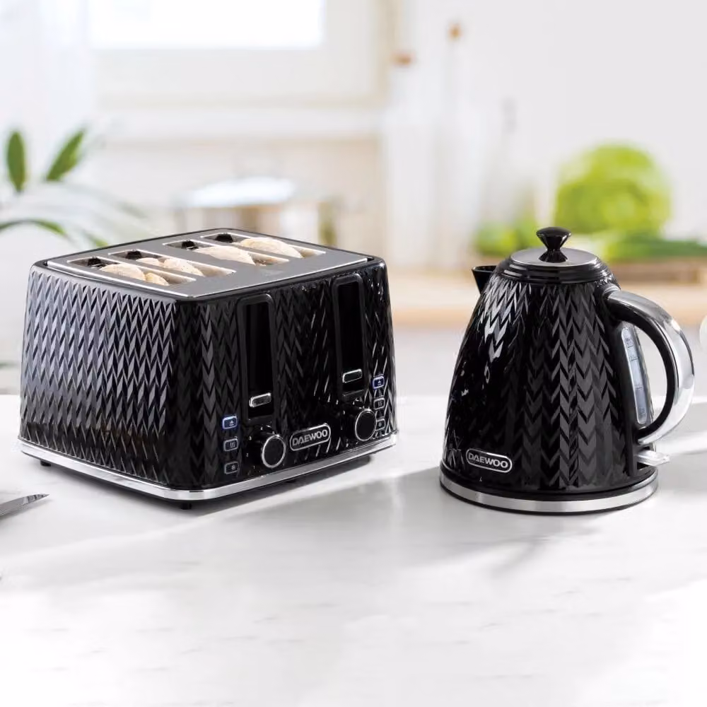 Daewoo Argyle Black 3kW 4 Slice Toaster, Kettle and 23L Microwave Set – 4