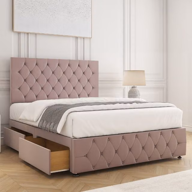 BSSPOKE Mulberry Super King Divan Bed with 24 inch Plush Headboard, 2 Drawers and Mattress in Pink