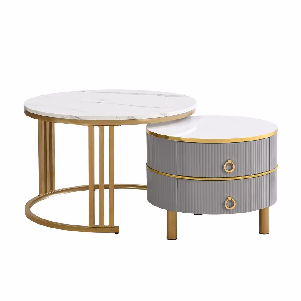 BTM 2-in-1 Round Coffee Table Set with Glossy Marble Top and 2 Drawers in Grey and White – 3