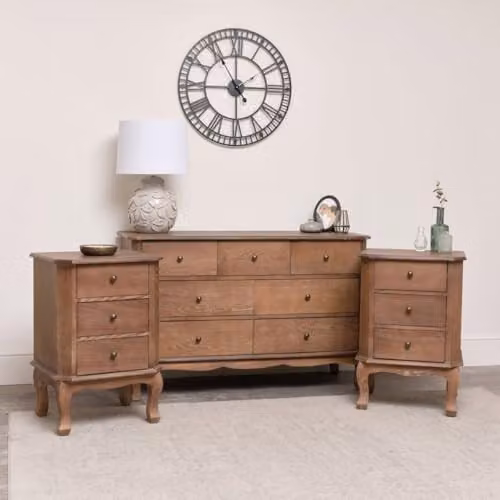 Melody Maison Ashwell 7 Drawer Chest of Drawers and Pair of 3 Drawer Bedside Tables in Brown Wood – 1