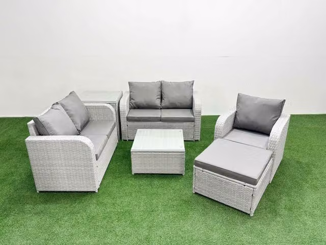 Fimous Grey Poly Rattan Garden Furniture Set with Reclining Chair, Loveseat Sofa, Square Coffee Table and Side Stool