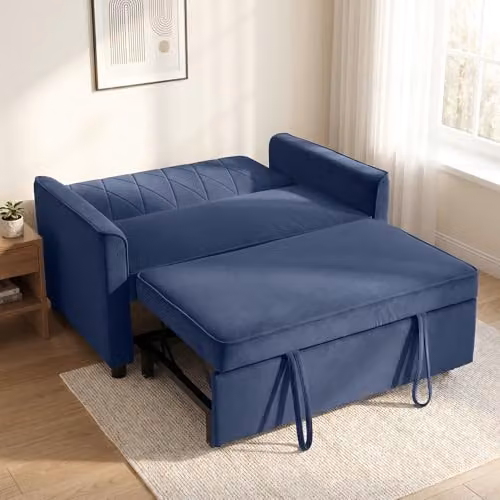 HOMCOM 2 Seater Velvet Sofa Bed in Dark Blue, 3-in-1 Click-Clack Sleeper Loveseat with Solid Wood Frame – 8