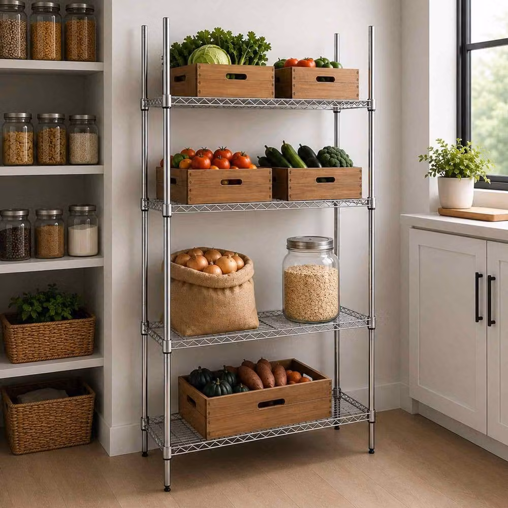 Oypla 4 Tier Heavy Duty Metal Wire Shelving Unit with Wheels and Adjustable Shelves in Silver – 2