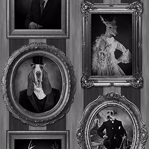 Muriva J59309 Black and White Dogs in Frames Vintage Animal Pattern Wallpaper, W: 0.53 m, L: 10.05 m