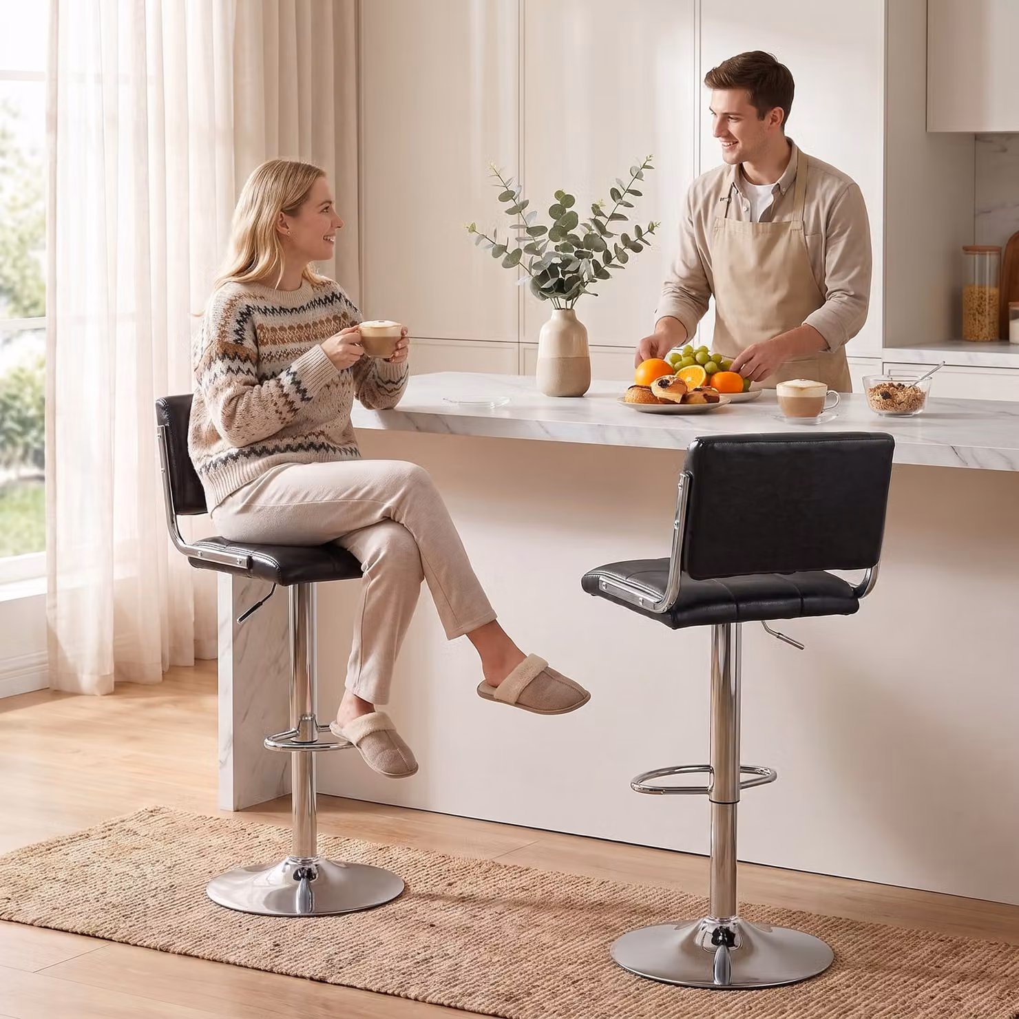HOMCOM Set of 2 Modern Black PU Leather Adjustable Swivel Bar Stools with Backrest – 2