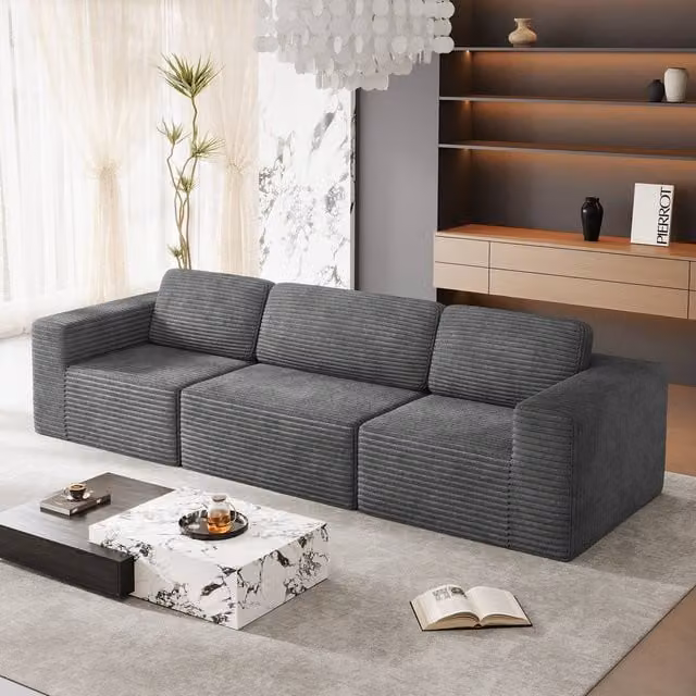 Dprodo Grey Corduroy Modular L-Shape Sofa with Matching Ottoman and Removable Covers