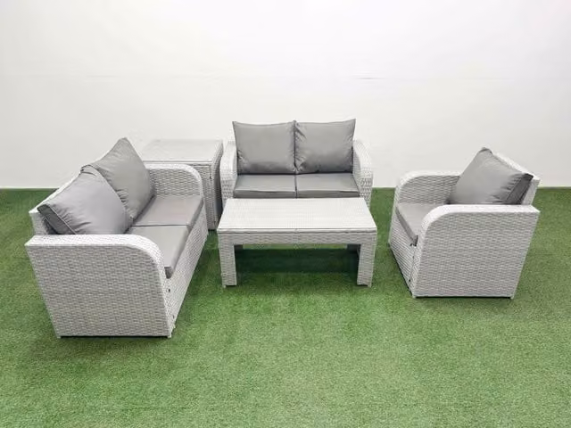 Fimous Poly Rattan Garden Furniture Set in Light Grey with 2-Seater Sofa, Reclining Armchair, Coffee Table and Side Table