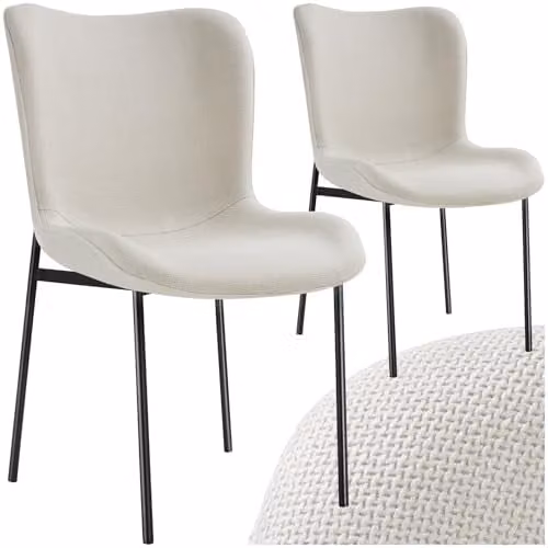 tectake Set of 2 Scandinavian Style Dining Chairs with Ergonomic High Backrest, Woven Fabric and Steel Legs in White/Black – 1