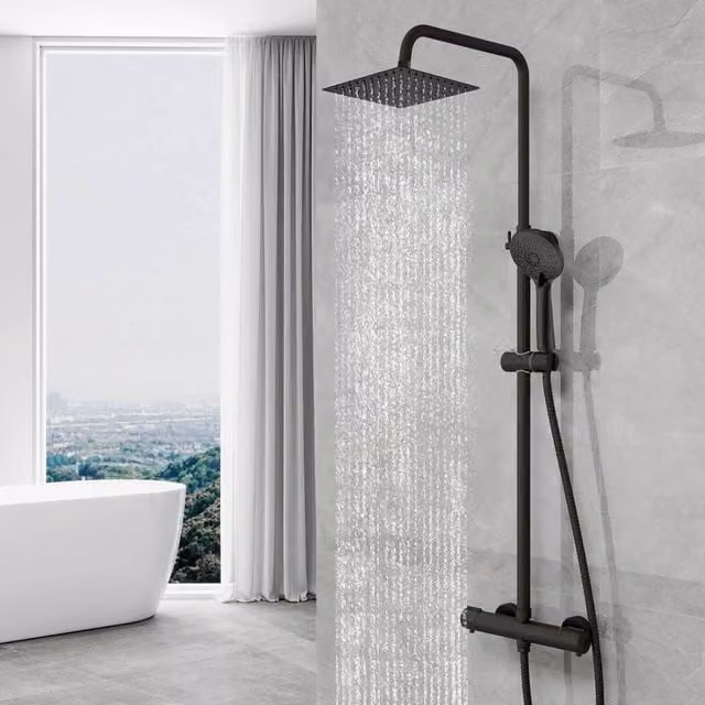 Hinsinc Round Bar Twin Head Thermostatic Shower Set in Matt Black, W: 180 cm, H: 180 cm
