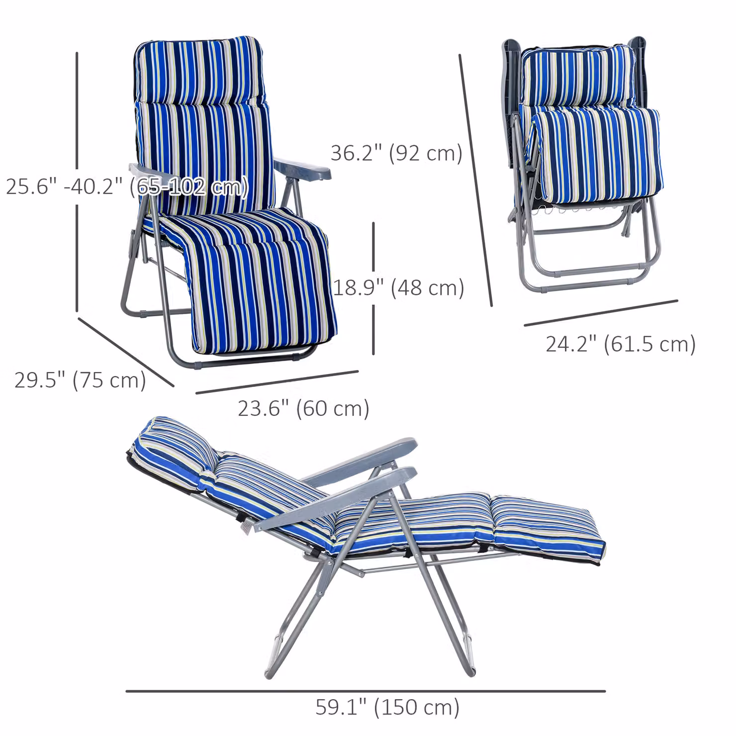 Outsunny Set of 2 Blue and White Striped Garden Sun Loungers with Weatherproof Cushions and Adjustable Recliners – 3
