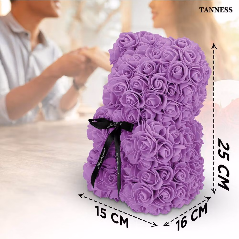 Tanness Purple Artificial Rose Bear with Transparent Gift Box and Black Ribbon, 25 cm – 8