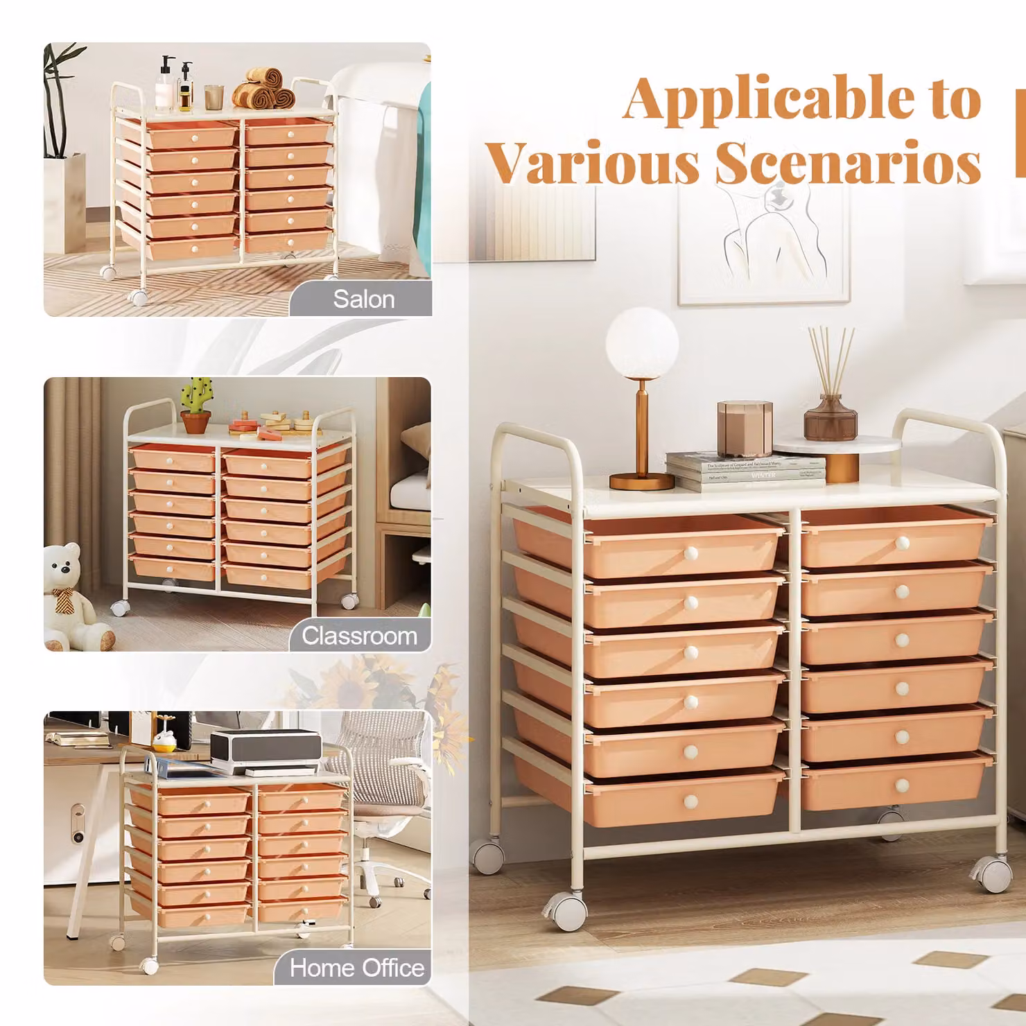 Gymax 12-Drawer Multi-Purpose Utility Storage Rolling Cart with Handles in Peach – 5