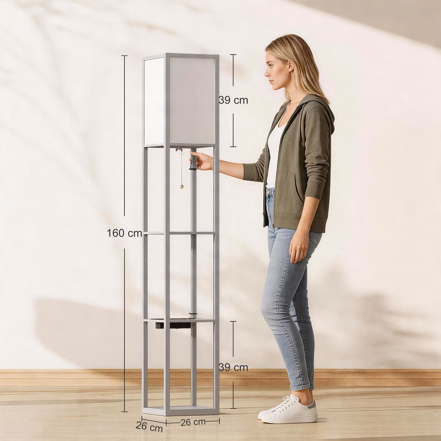 HOMCOM Modern Grey Floor Lamp with 3-Layer Shelves and LED Bulb – 3