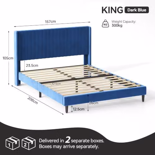 MCC Direct Charlie Velvet Upholstered King Size Bed Frame in Blue, W/D/H: 180 x 200 x 105 cm – 2