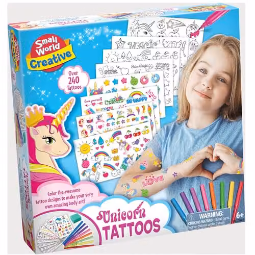 Small World Toys Creative Unicorn Tattoo Art Set, Multicolour Childrens Colouring Activity Kit with 240 Designs for Ages 6+ – 1