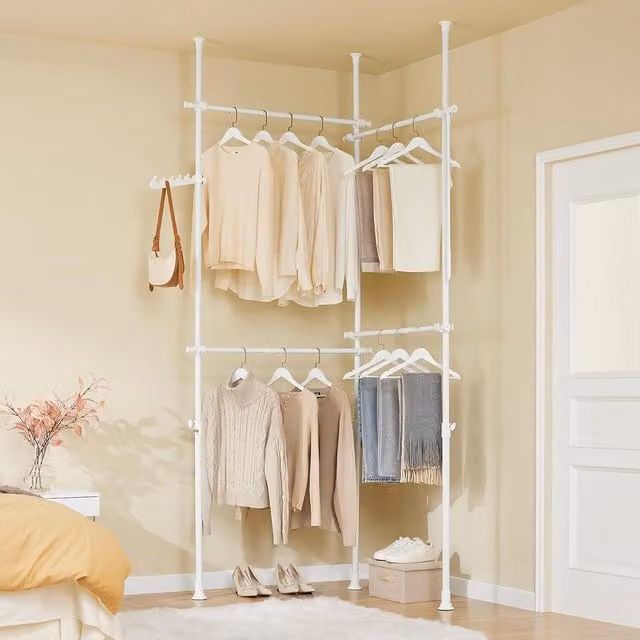 SoBuy White Metal Telescopic Clothes Rail with Continuous Linear Rail