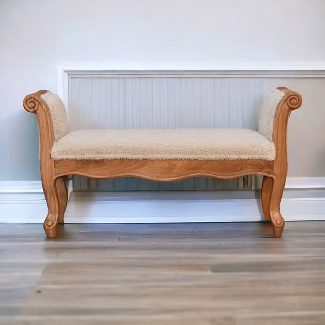 Artisan Furniture French Style Straight Bench in Beige Bouclé Fabric and Solid Wood